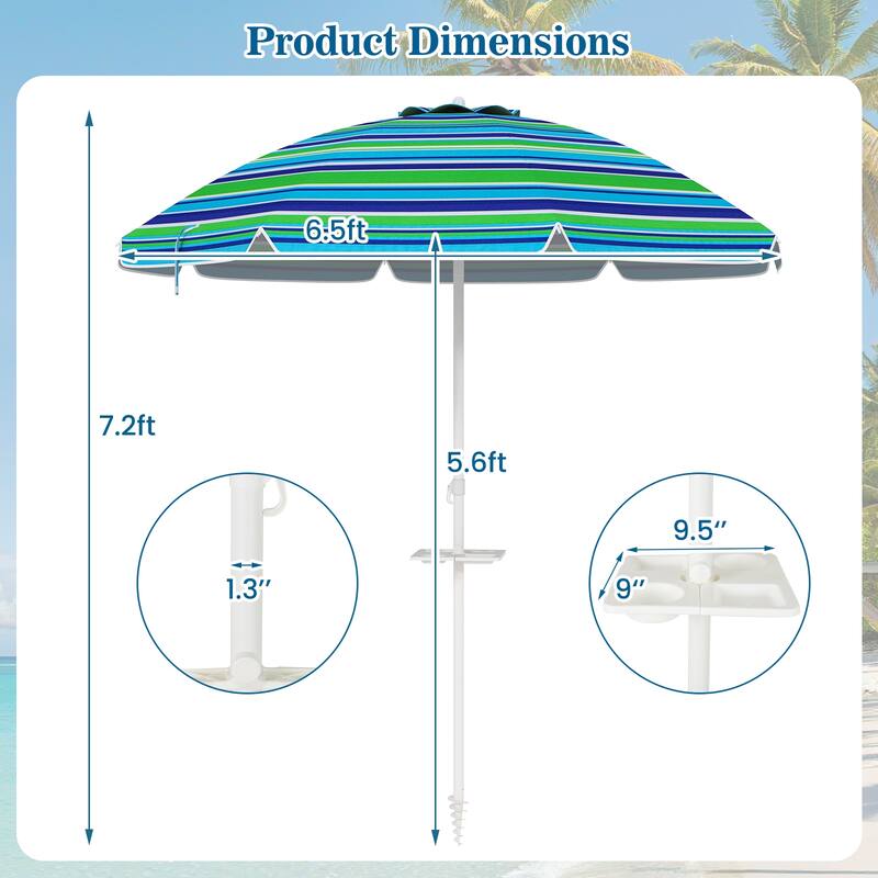 Gymax 6.5 FT Beach Umbrella for Sand Heavy-Duty Sunshade Parasol w/