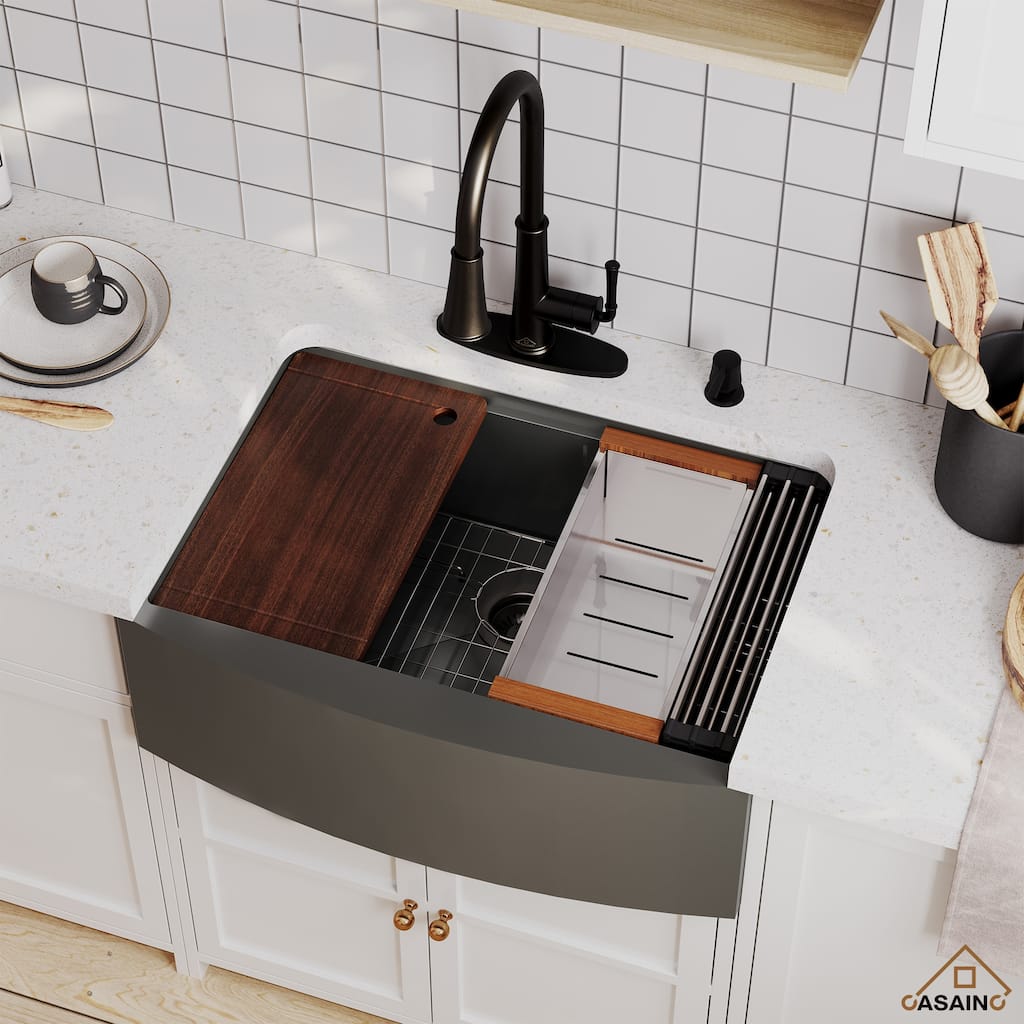 Stainless Steel 16-Gauge Single Bowl Farmhouse Apron Workstation Kitchen Sink in Gunmetal Black with Accessories