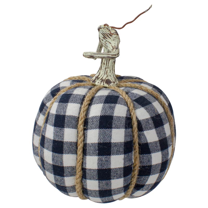 Plaid Fall Harvest Pumpkin with Weathered Stem - 7.75" - Dark Blue and White