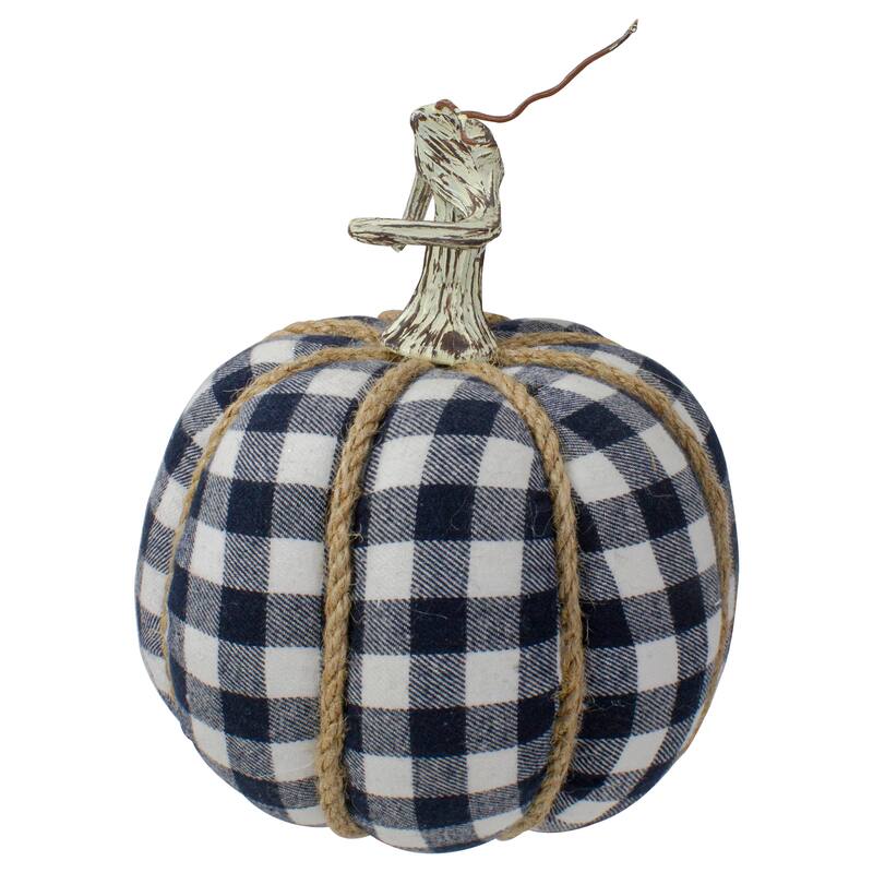 Plaid Fall Harvest Pumpkin with Weathered Stem - 7.75" - Dark Blue and White