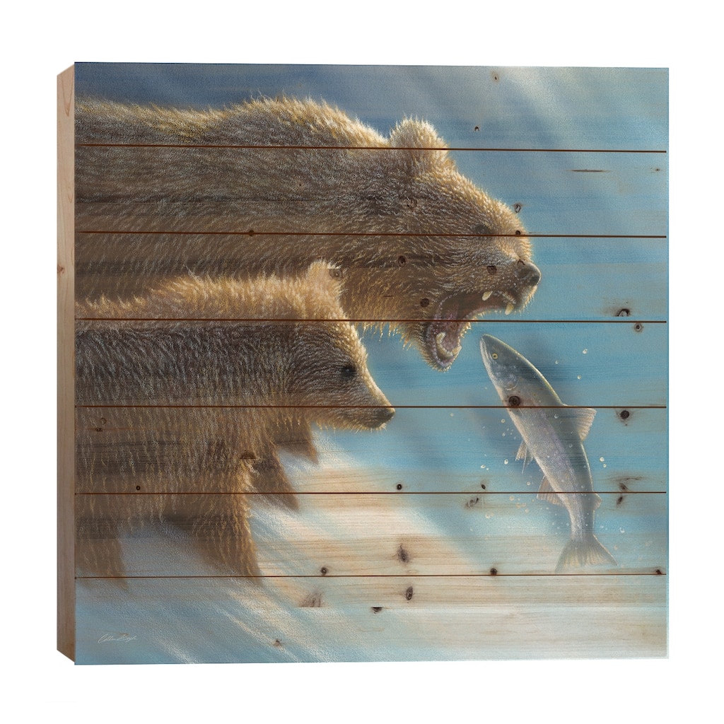 Brown Bear Fishing Lesson, Square Print On Wood by Collin Bogle - Multi-Color