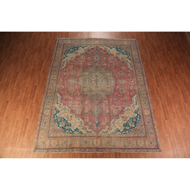 Pink Geometric Tabriz Persian Area Rug Hand-Knotted Wool Carpet - 9'7"x 12'7"