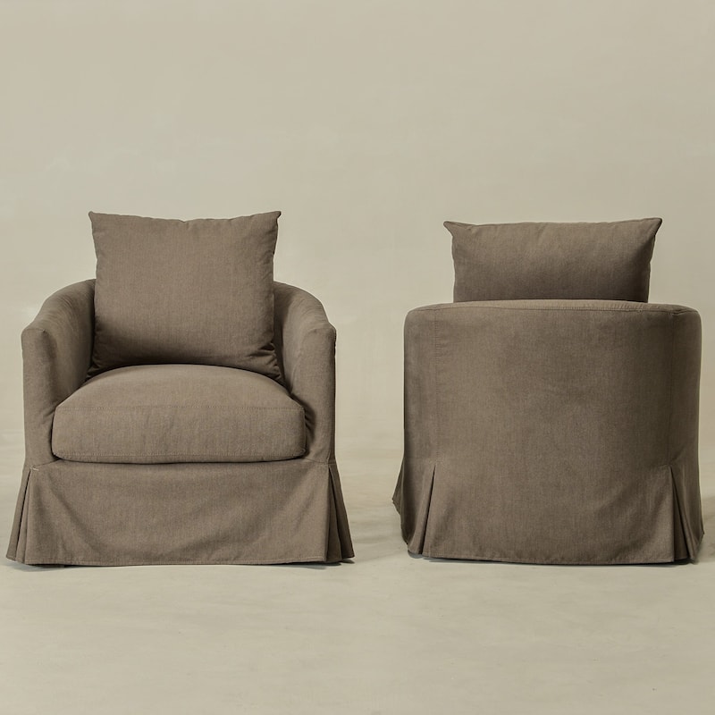 KINWELL 32" W Down Fill Upholstered Slipcovered Swivel Barrel Accent Armchair