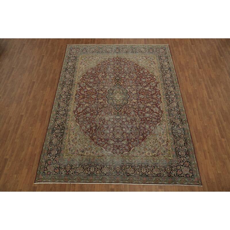Hand Knotted Oriental 100% Wool Carpet Traditional Floral Red Kerman Area Rug - 12' 10'' X 9' 7''