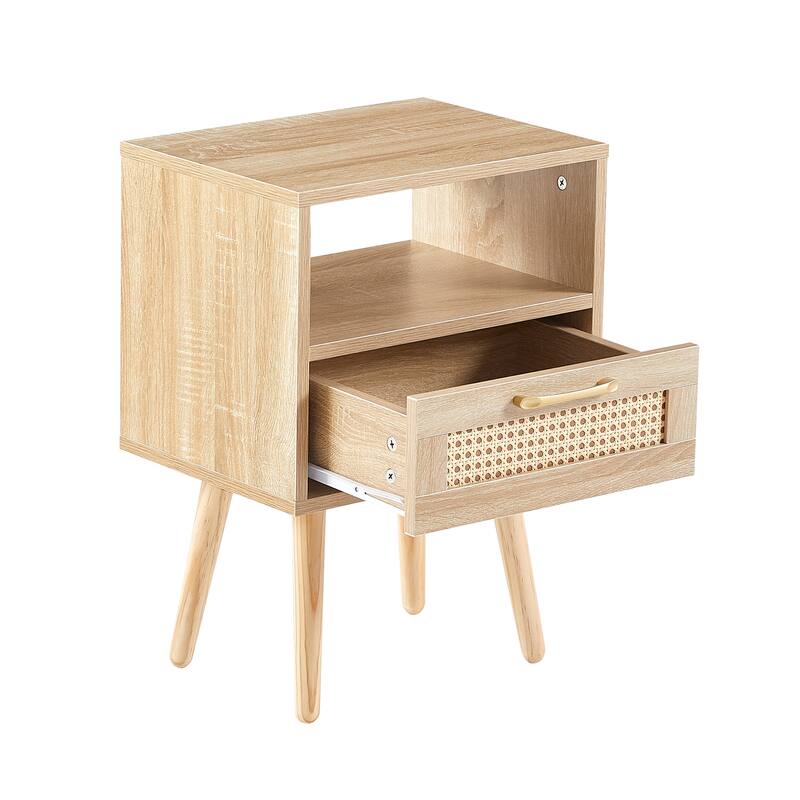 Anmytek Mid Century Nightstand Rattan Natural Bedside Table with Drawer and Solid Wood Legs