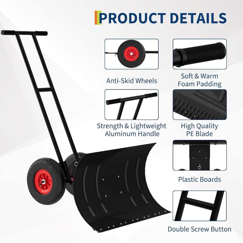 Double Rod Snow Shovel Pusher, with Wheels