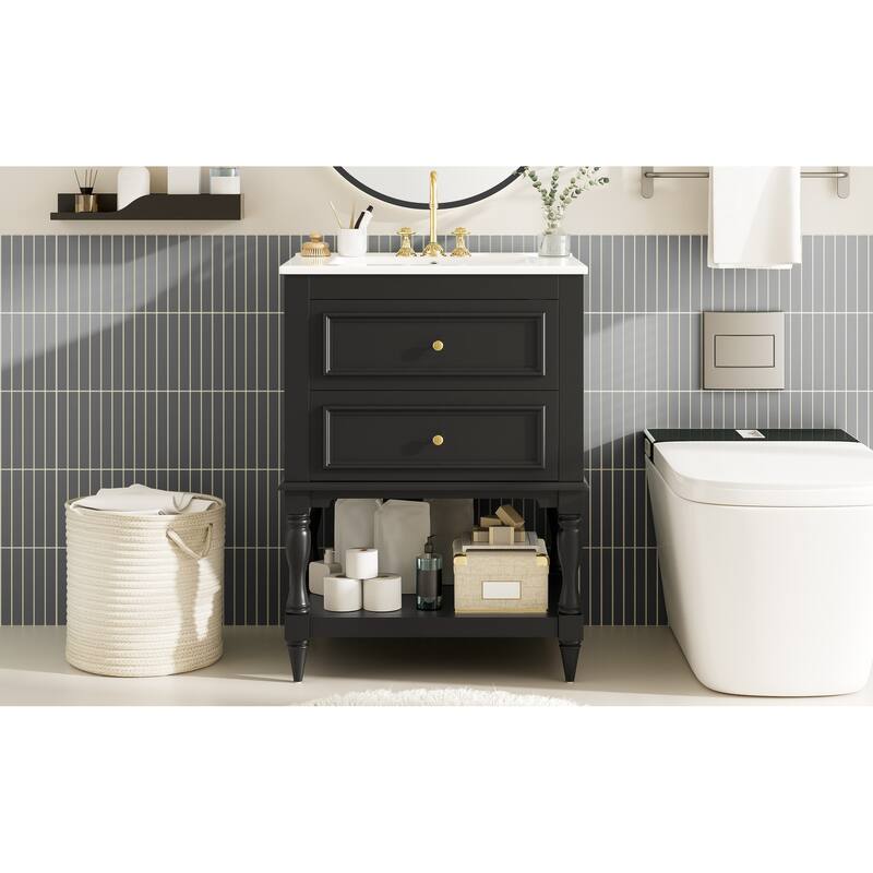 24" Bathroom Vanity with Ceramic Sink, Bathroom Storage Cabinet with Open Shelf, Retro Design Bathroom Cabinet with 2 Drawers