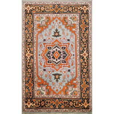 Hand Knotted Oriental 100% Wool Carpet Traditional Medallion Navy Blue & Blues Heriz (serapi) Area Rug - 5' 10'' X 4' 0''