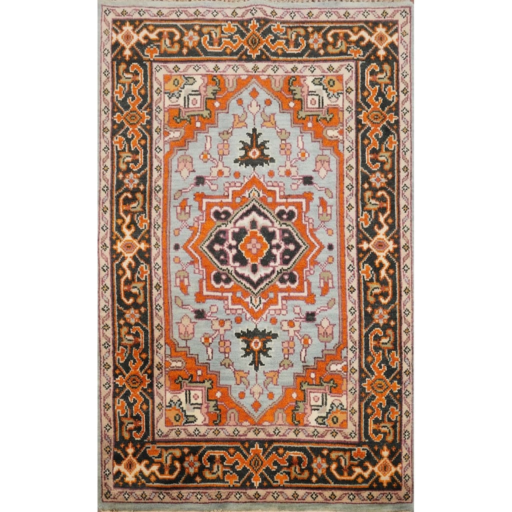 Hand Knotted Oriental 100% Wool Carpet Traditional Medallion Navy Blue & Blues Heriz (serapi) Area Rug - 5' 10'' X 4' 0''