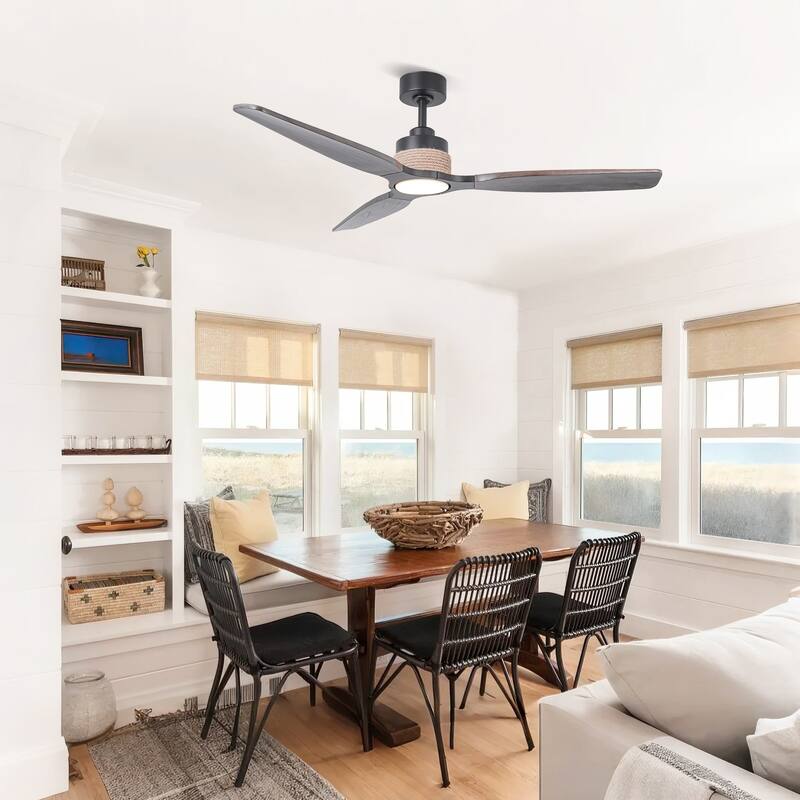 Parrot Uncle 56" Transition Black Solid Wood Jute 3CCT LED Ceiling Fan with Light and Remote
