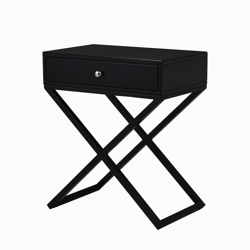 Wooden End Side Table Nightstand with Glass Top, Drawer and Metal Cross Base - Black