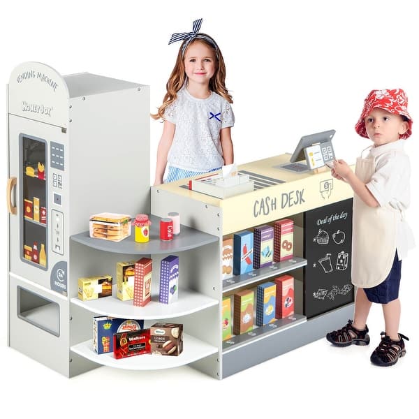 slide 2 of 10, Gymax Kids Wooden Grocery Store Playset w/ Realistic Checkout Counter Grey