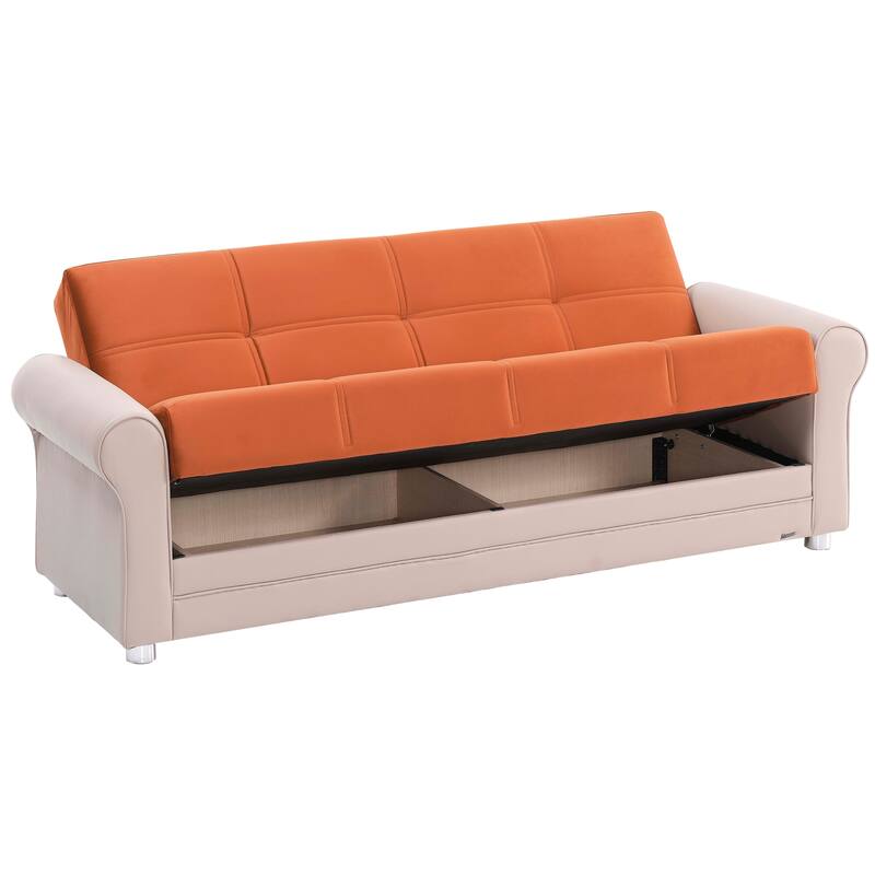 HomeRoots 89" Orange Polyester Convertible Futon Sleeper Sofa And Toss Pillows With Storage