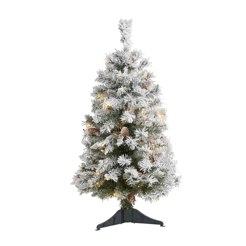 3ft. Flocked Pine Artificial Christmas Tree with Pinecones & 50 Clear LED Lights - Petite Holiday X-Mas Accent Tree