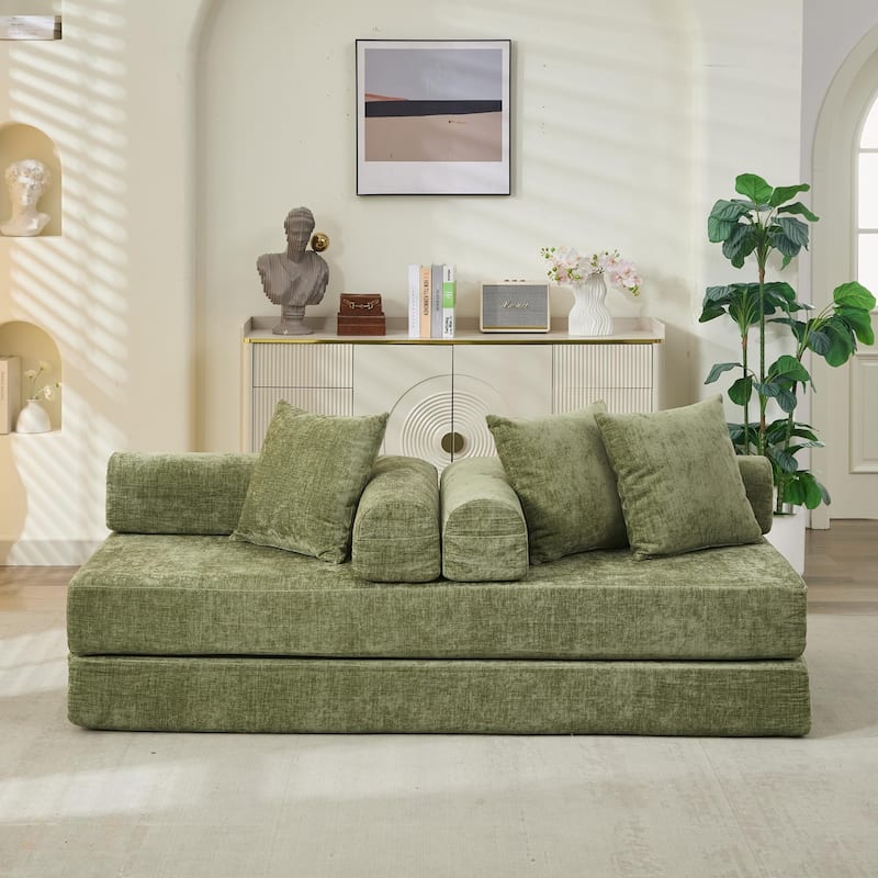 3-Tier Design Convertible Chenille Sofa Bed, Folding Sleeper Floor Sofa with Pillows, No-Assembly Modular Sofa Couch