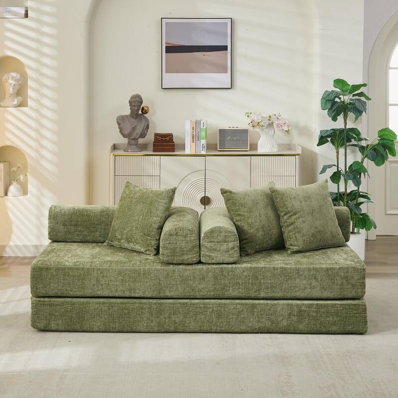 Chenille Folding Sofa Floor Sleeper Bed Chaise Lounger Couch 3-in-1 Comfy Mattress with Reversible Arm Pillows and Non-slip Pad