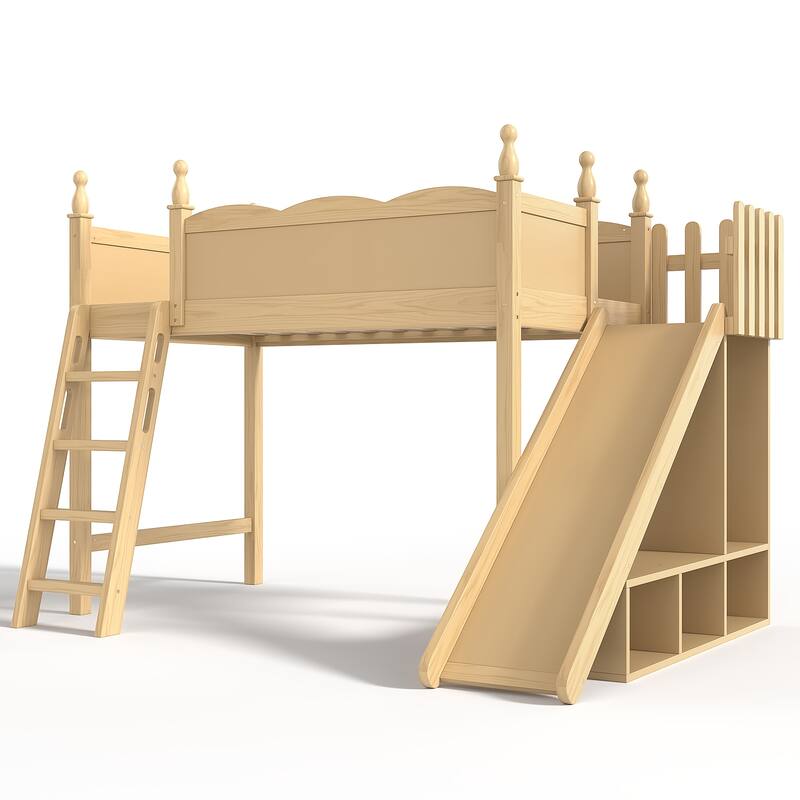 Twin Loft Bed with Storage Shelves and Wardrobe, Solid Wood Loft Beds with Detachable Slide and Ladders, No Spring Box Needed