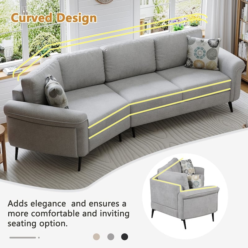 111" Modern Upholstered 3-seater Curved Sofa Couch with 2 Printed Pillows for Living Room