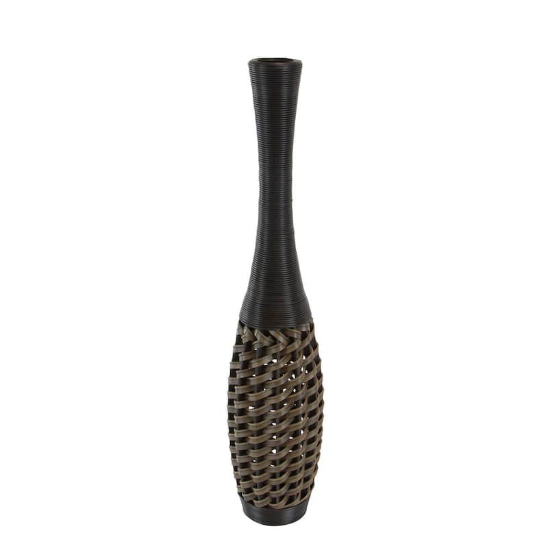Brown Faux Seagrass Tall Woven Floor Decorative Vase with Dark Brown Wrapped Neck