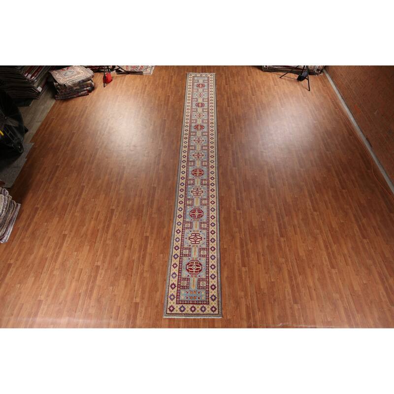 Light Blue Geometric Kazak Runner Rug Hand-Knotted Wool Carpet - 2'7" x 20'8"