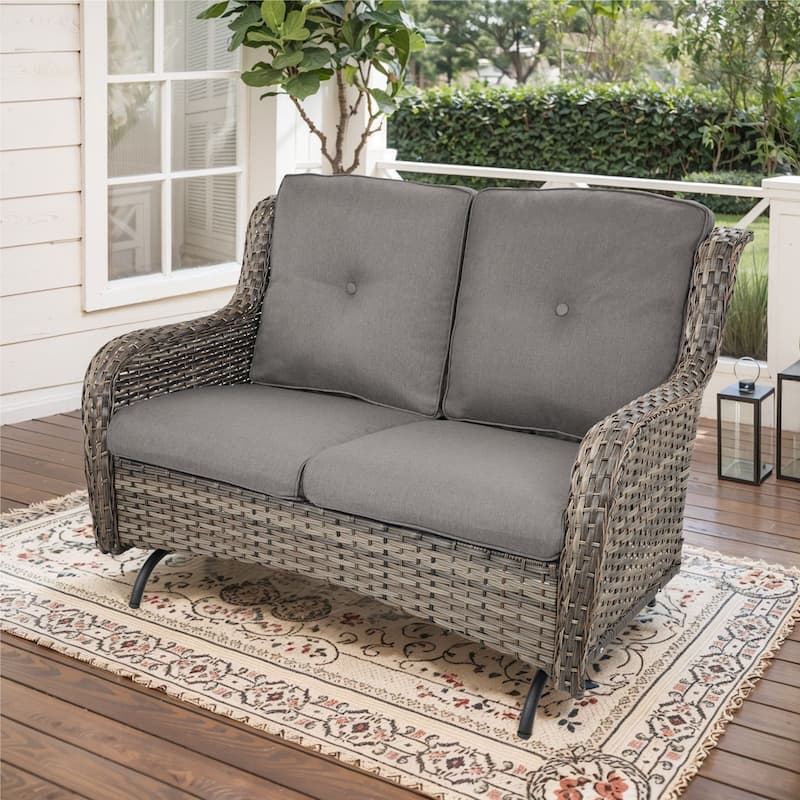 Gymojoy 2 Seat Stylish Patio Loveseat Glider Sofa with Water-Resistant Olefin Cushions - 1-Piece - Grey Wicker / Grey Cusion