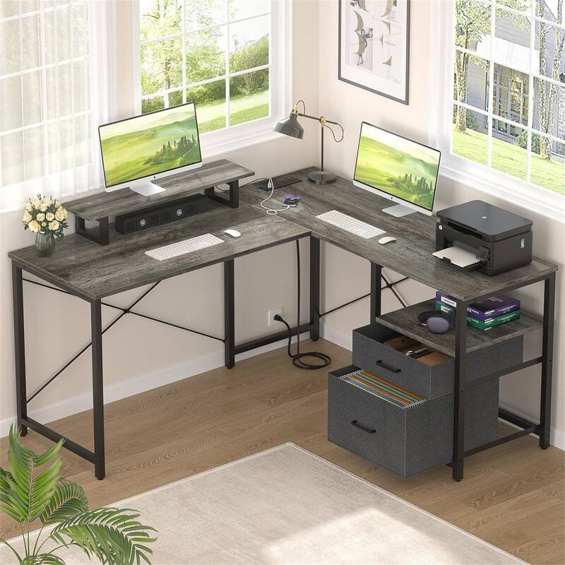 L Shaped Computer Desk with Storage File Drawer