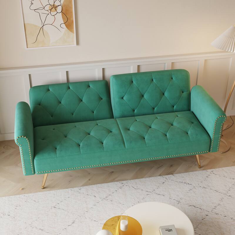 69.7" Velvet Sofa Bed with Nailhead Trim & Pillow - Modern 2-Seater Sleeper