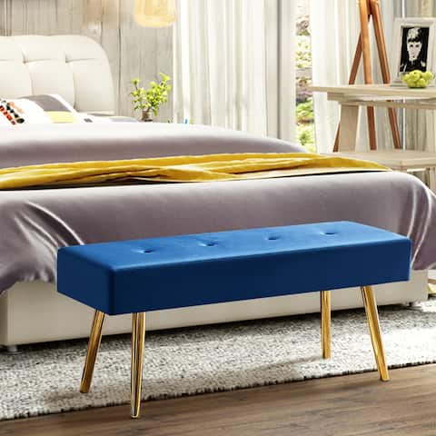 Dark Blue Bed Benches Tufted Velvet With Gold Legs