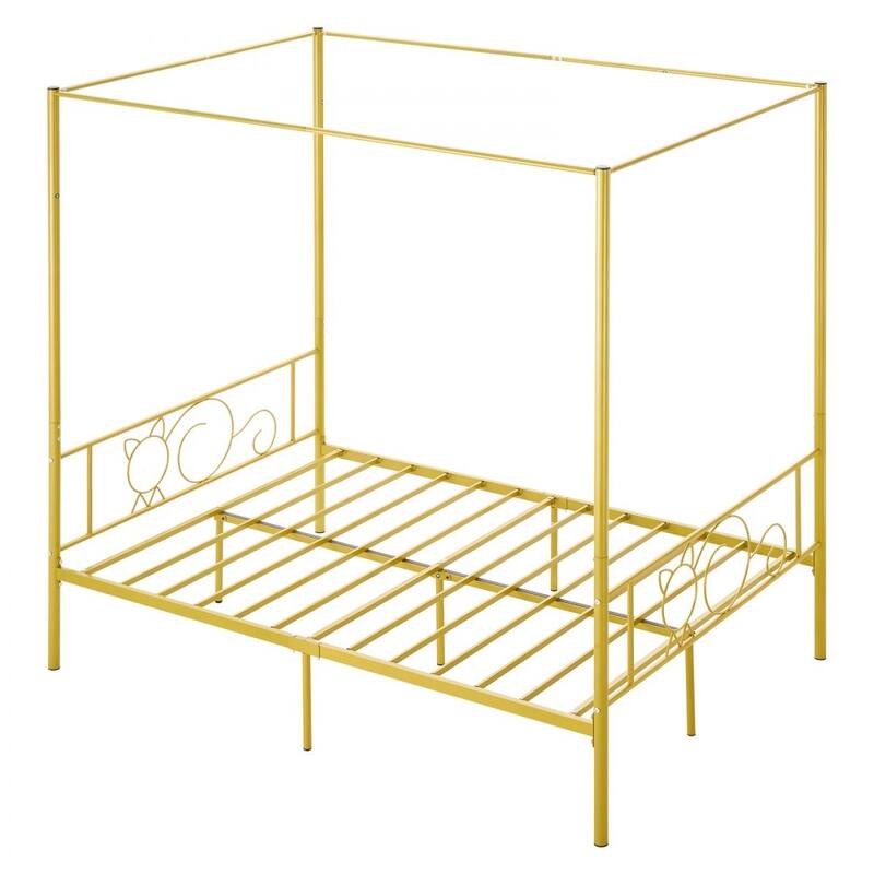 Gold Metal Full Canopy Bed Frame with Storage and DIY Decoration Rails