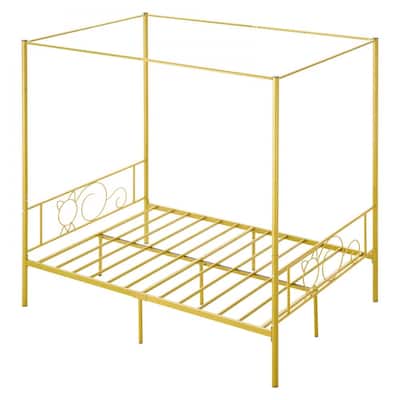 Gold Metal Full Canopy Bed Frame with Storage and DIY Decoration Rails