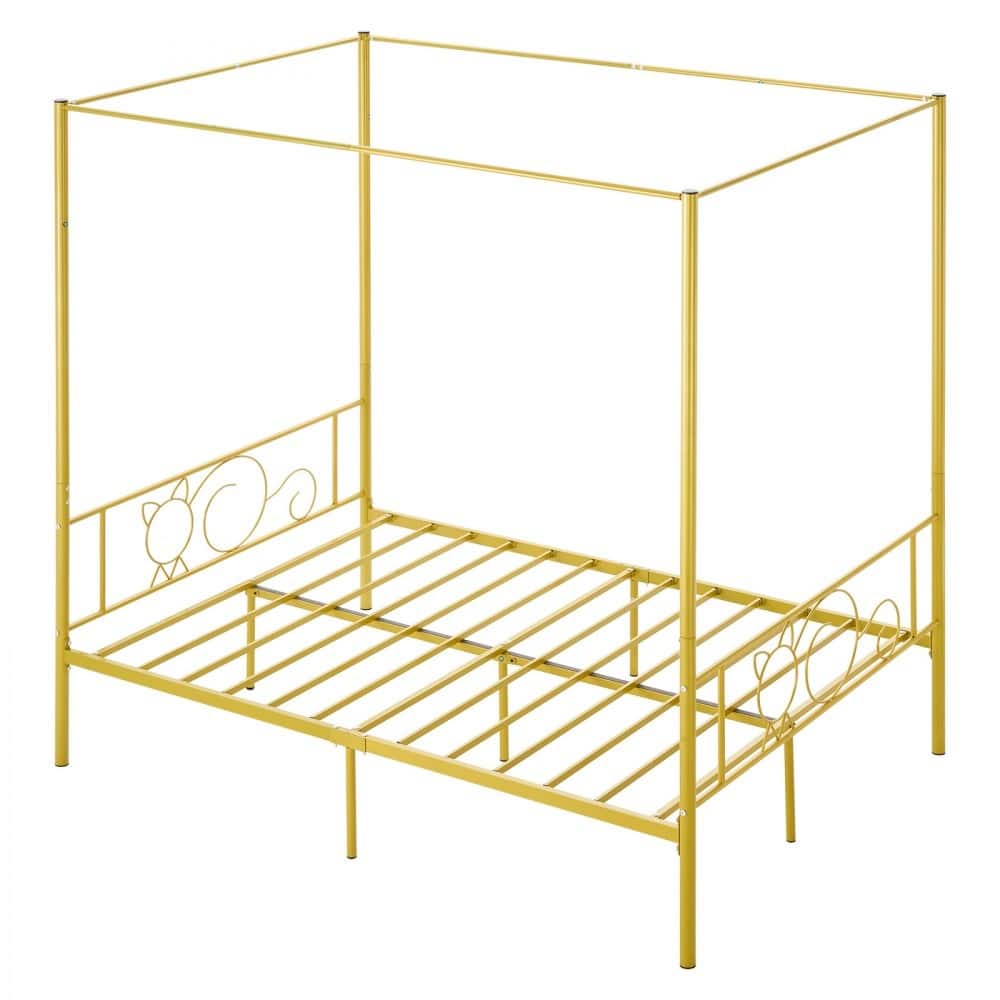 Gold Metal Full Canopy Bed Frame with Storage and DIY Decoration Rails