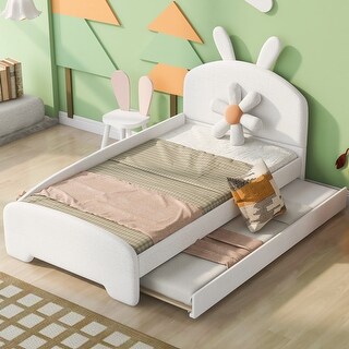 Playful Twin Size Daybed with Soft Upholstery and Trundle, Cartoon Ears Headboard, Durable Wood Frame