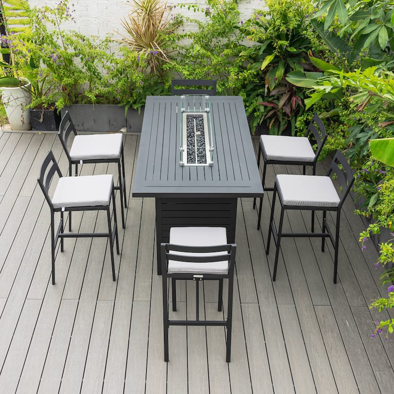 7-Piece Outdoor Patio Bar Height Dining Set in Aluminum with Rectangular Fire Pit Table and 6 Barstool