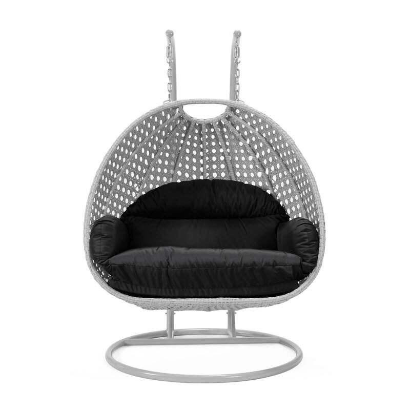 Mendoza 2-Person Hanging Egg Swing Chair with Iron Metal Stand Handcrafter Grey Wicker Hammocks for Outdoor Patio or Indoor Use