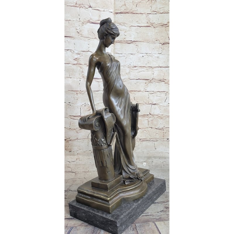 Young Roman Woman Leaning Against Pillar Bronze Figure Statue Sculpture Decor