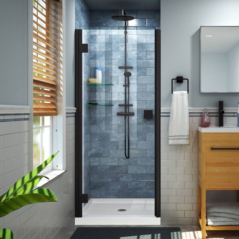 DreamLine Lumen 34-35 in. W by 72 in. H Semi-Frameless Hinged Shower Door - 34" - 35" W - Satin Black Finish