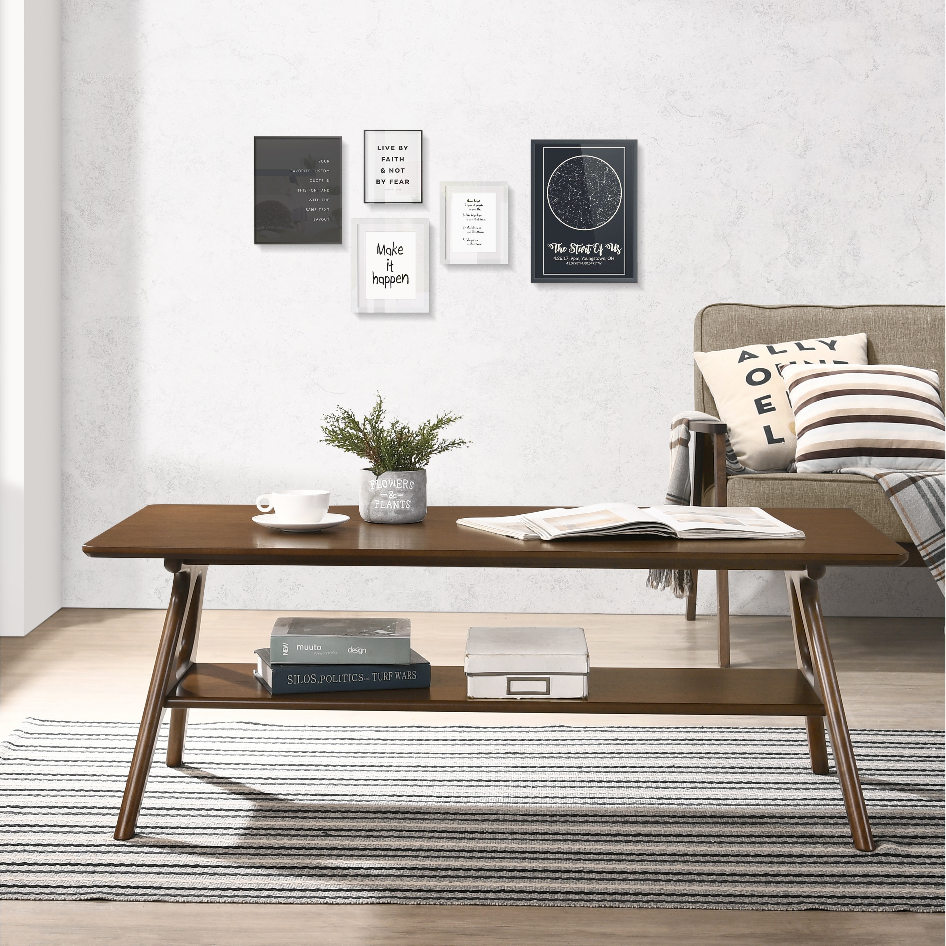 Mid-Century Modern Wood Rectangular Coffee Table with A Open Storage Shelf