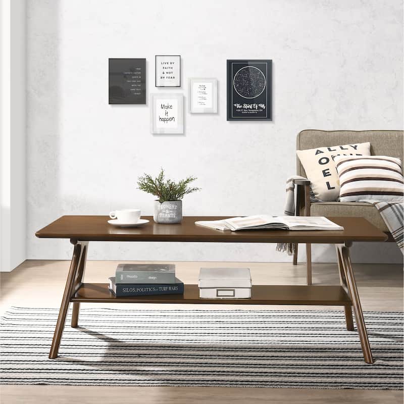 Mid-Century Modern Wooden Coffee Table Rectangular Coffee Table with Storage Shelves Tapered Legs, for Living Room - Bown