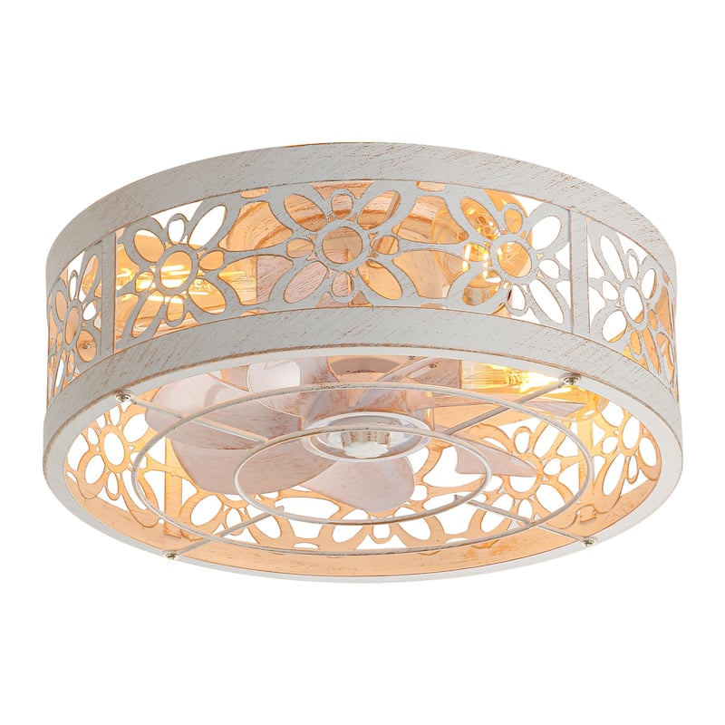 16.5in Vintage Distressed White Flush Mount Caged Ceiling Fan with Remote Light(7-Blade)