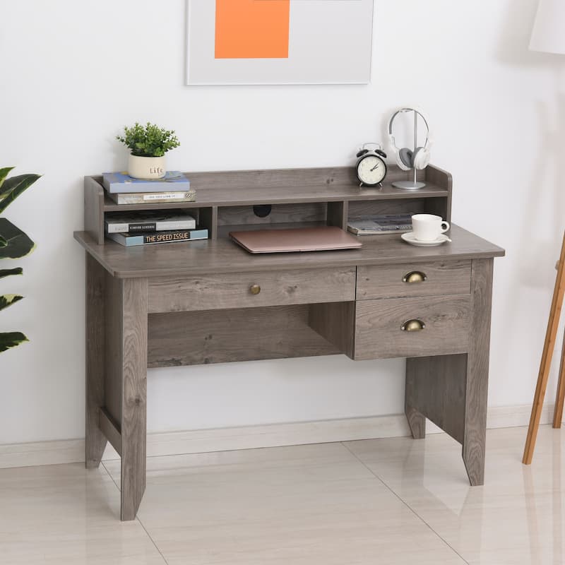 HOMCOM Computer Table Writing Desk with Hutch 3 Drawers, Open Cabinets, Top Shelf, Wide Tabletop, Cable Management, Grey