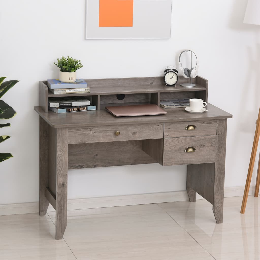 HOMCOM Computer Table Writing Desk with Hutch 3 Drawers, Open Cabinets, Top Shelf, Wide Tabletop, Cable Management, Grey