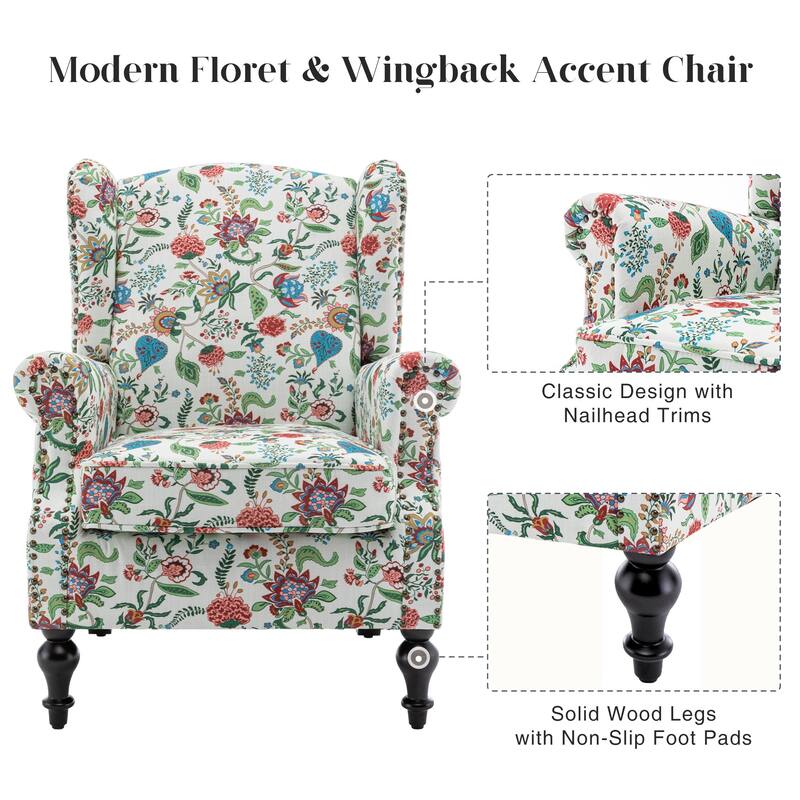 HOMYKA 29'' Wide Floral Pattern Wingback Accent Armchair with Nailhead Trim