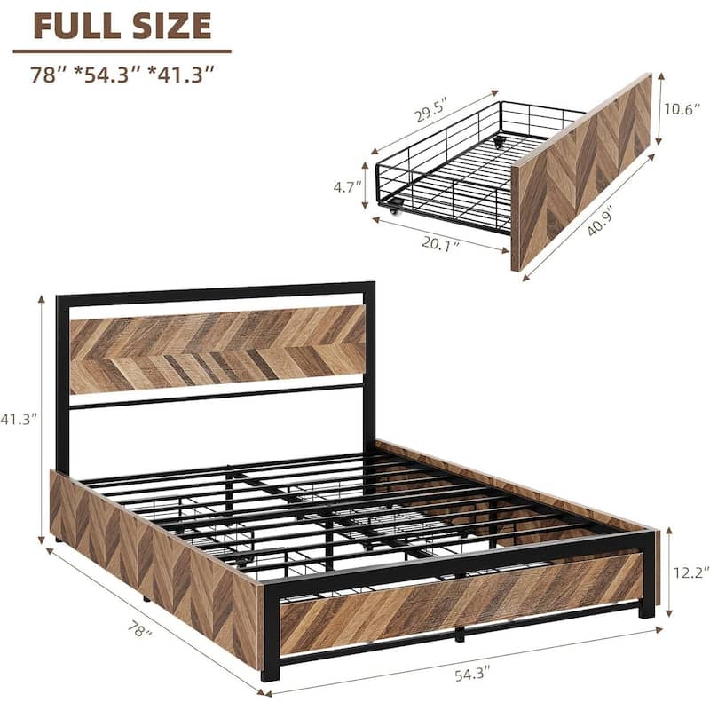 Metal Platform Bed Frame with Rustic Vintage Wood Headboard