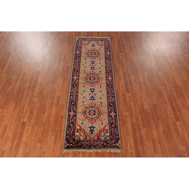 Geometric Heriz Serapi Runner Rug Hallway Hand-Knotted Wool Carpet - 2'6"x 7'10"