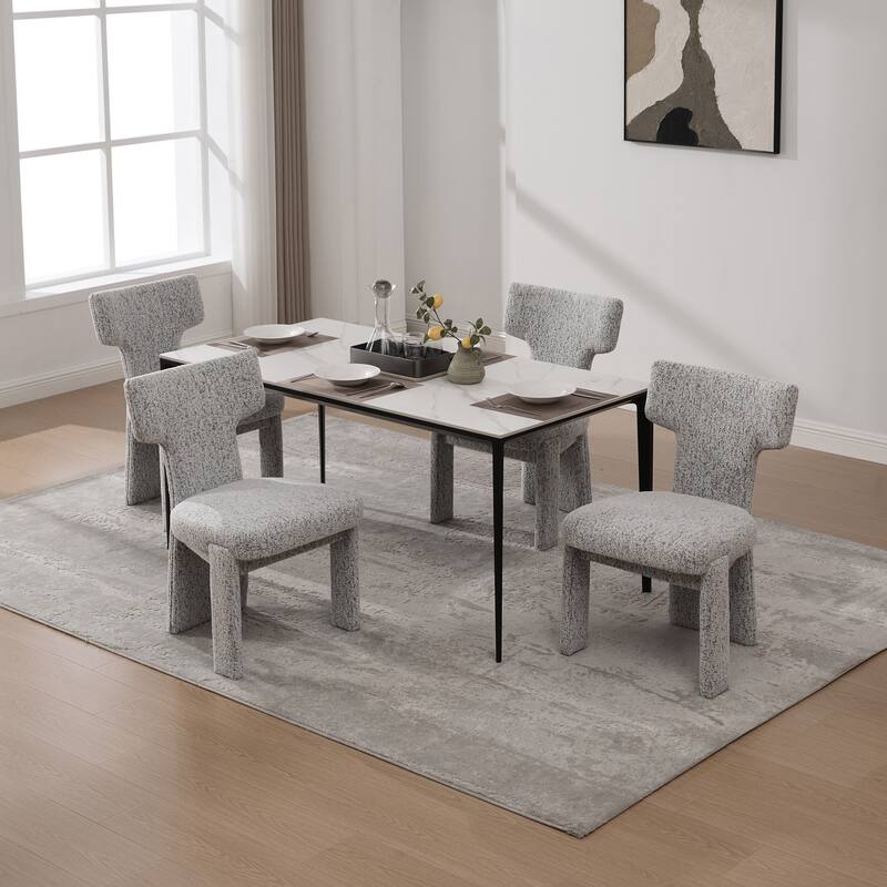 Modern Upholstered Chenille Dining Chair Set, Armless Kitchen Side Chairs Curved Back Accent Chairs w/ Wood Legs for Living Room - White Black Set of 4