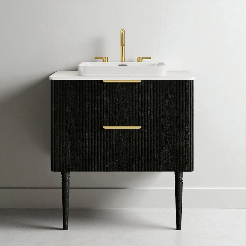 30'' Modern Oak Bathroom Vanity with Ceramic Sink, Pre-Assembled Freestanding Cabinet with 2 Soft-Close Drawers - Black