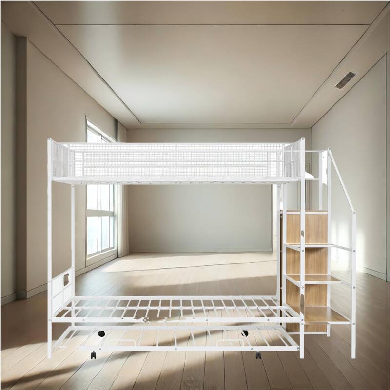 Black/White Metal Bunk Bed Twin Over Full with Built-In Wardrobe, Step Ladder Storage, and Optional Trundle or Drawers - White - Twin