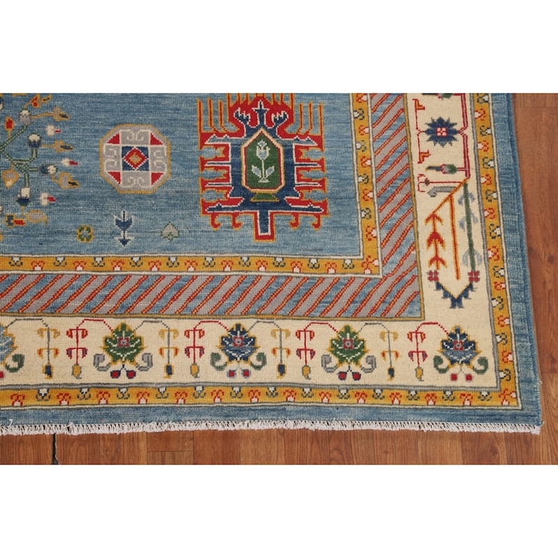 Blue Geometric Kazak Oriental Area Rug Handmade Wool Carpet - 6'8" x 9'7"