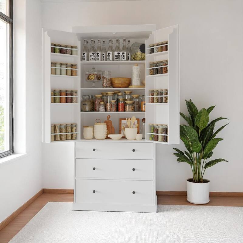 77" Tall Kitchen Pantry Cabinet with 3 Drawers, Adjustable Shelves, and 8 Door Racks, Farmhouse Storage Cupboard