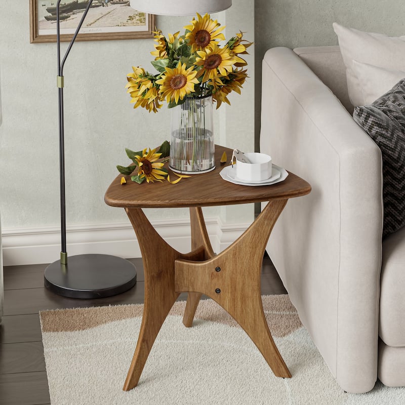 COZAYH Contemporary Triangle Side Table with Cross-Leg Wood Base, MCM Small Accent Table for Lounge, Quick Assembly - Brown